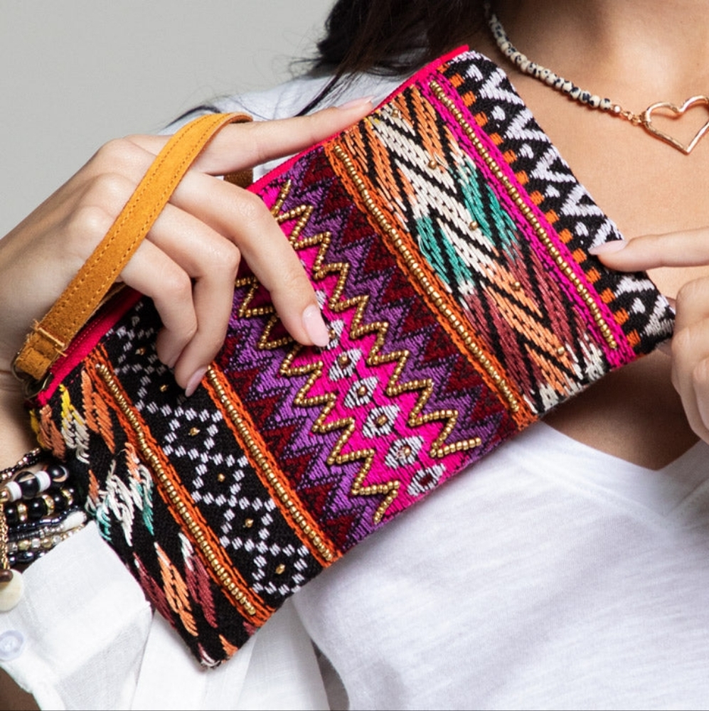 Handmade Hand Beaded Wristlet Clutch - Ethnic Inspired Design - Dyed Fine Cotton